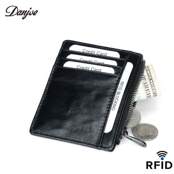 

DANJUE Men Card Holder RFID Blocking Genuine Leather Business Card &ID Wallet Ultra-thin Dollar Coin Pocket Oil Wax Cowskin