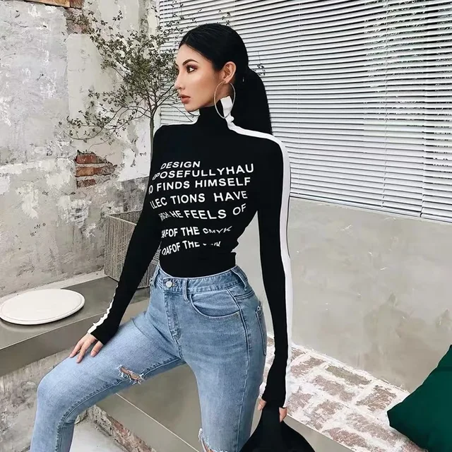 US $10.54 XIBANI Casual letter print top women's high neck black and white contrast bottoming top with long s
