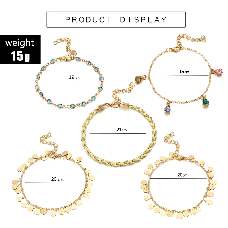 Tocona Boho 5pcs/sets Colorful Crystal Stone Anklets for Women Gold Wafer Tassel Rope Feet Bracelets Summer Jewelry 8407 - Image 2