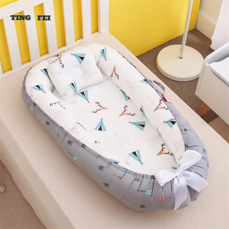 50*85 Portable Crib Washable Travel Bed Baby Nest Babynest Newborn Baby Nest Bed Bassinet Newborn Cradle Bed with Pillow Cushion