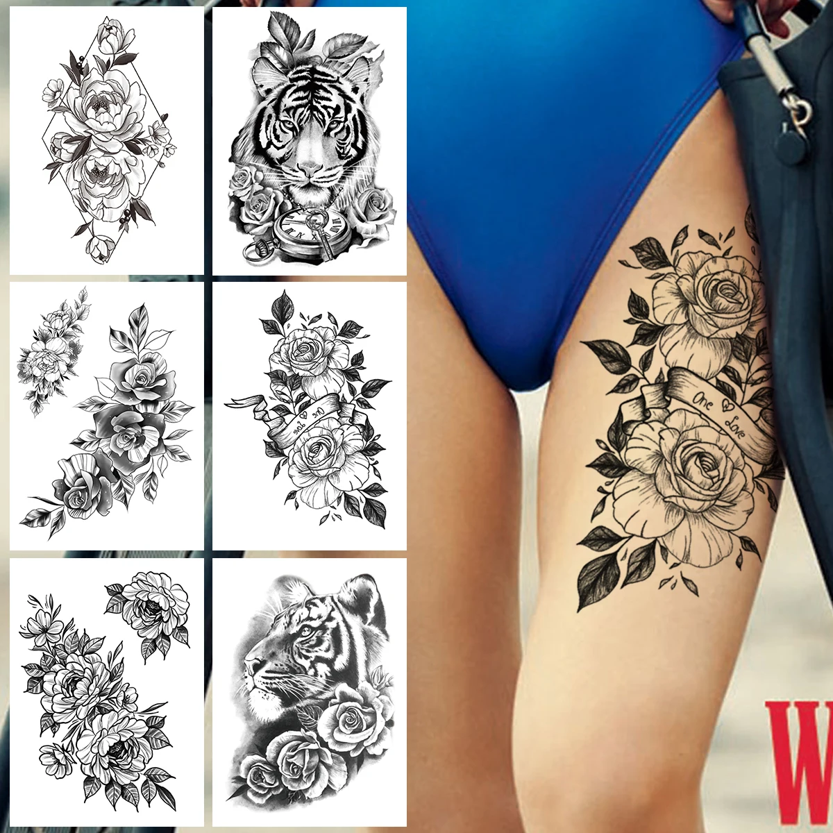 

Blossom Flower Temporary Tattoos For Women Girls Sexy Rose Tiger Tattoo Sticker Black Fake Cluster Black Geometry Tatoos Thigh