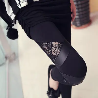 Spring Autumn Leather workout Leggings Hot Charming Warm Cheap Lace legins Sexy PU Leggins Skinny Stretch Splicing Pants