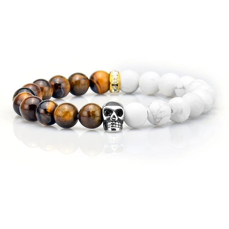Нержавеющая сталь череп ювелирные изделия унисекс браслет с Howlite &amp тигровые