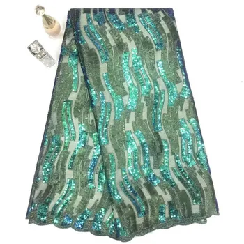 

Free shipping (5yards/pc) teal green sequins tassels lace fabric African French net lace fabric for fashion party dress
