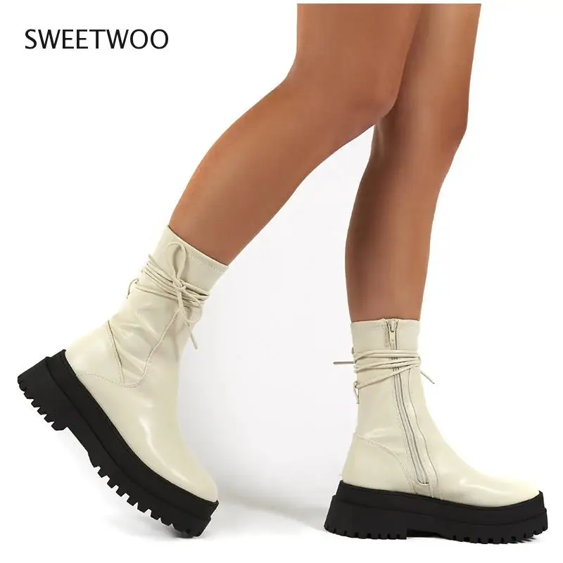 Women's Fashion Boots PU Leather Platform Female Bandage Ankle Boot Zipper Thick Bottom Non Slip Woman Shoes Autumn Winter 2021