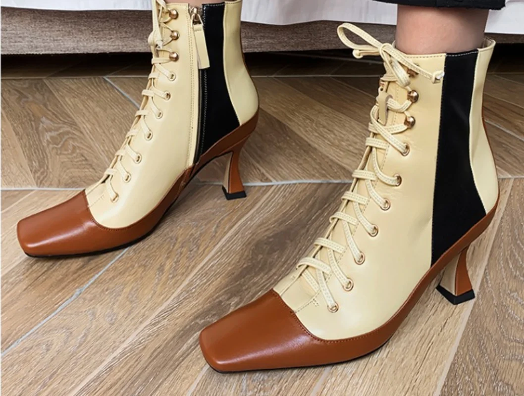 

US4-11 Womens Square Toe Ankle Boots Irregular Strange High Heel Lace Up Match Colors Genuine Leather Shoes 3Colors Plus Size