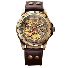 

SHENHUA Skeleton Mechanical Antique Watch Men Bronze Automatic Self-Wind Watches Retro Leather Wristwatch Male Relogio Masculino