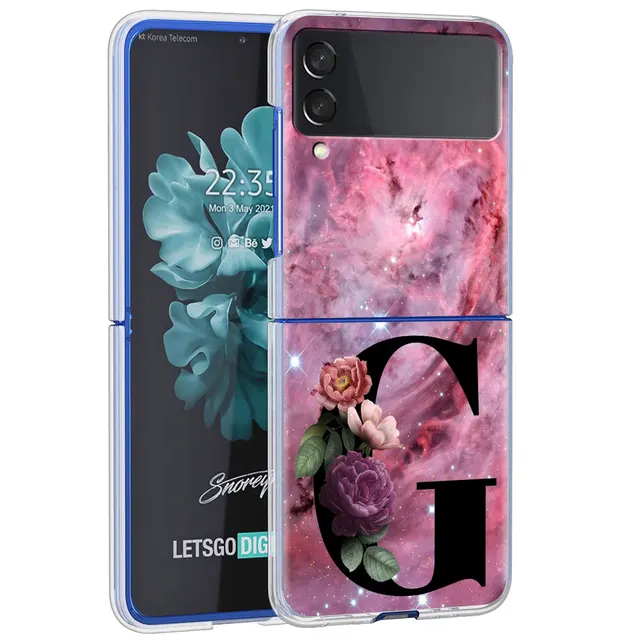 Letter A B Flowers Pink Case For Samsung Galaxy Z Flip 3 5G Transparent Hard Cell Phone Cover ZFlip3 Clear PC Luxury Fundas H07