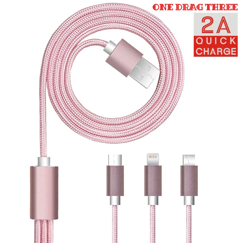 FDBRO USB кабель для передачи данных 3 в 1 кабель для быстрой зарядки usb кабель для зарядки кабель питания Micro type-c ISO аксессуары для наушников - Цвет: Розовый