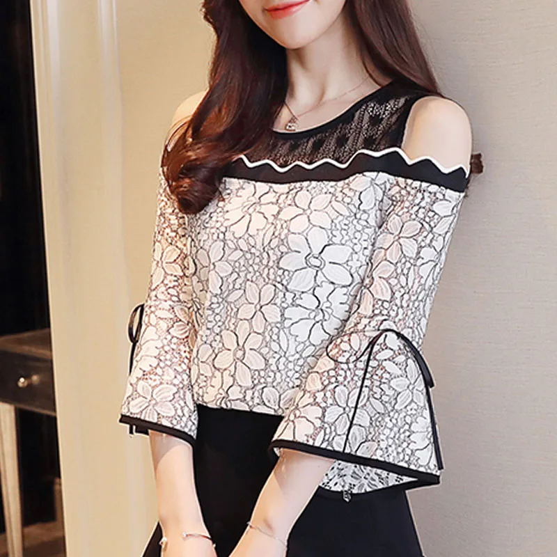 Cena 2020 kobiety modna odzież koronkowa szyfonowa, zszywana bluzka Flare rękaw narzutka z koronki bluzka kobiety bez ramiączek Sexy bluzki damskie D597 30