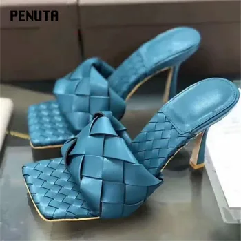 

2020 PENUTA Fashion Designer Slippers Real Leather Square Toe High Heels Mules Summer Party Shoes Woman New zapatos Mujer S04