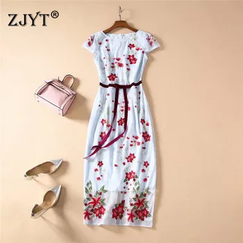 

2020 New Spring Summer Runway Dress High Quality Women's Fashion Short Sleeve Midi Tulle Floral Embroidery Party Dress Sexy