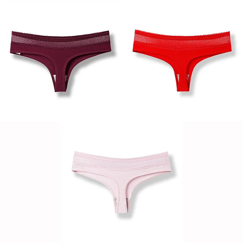 3 шт./партия, женские сексуальные стринги большого размера, кружевное нижнее белье, стринги, бикини, женские трусы с Т-образным вырезом, бесшовные трусики - Цвет: WineRed Red Pink