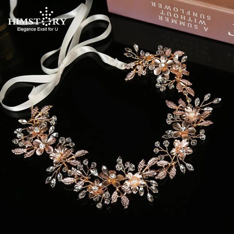 

HIMSTORY Handmade Gold Flowers HairBand Crystal Ribbon Wedding Headbands Bridal Pageant Head Pieces For Women Tiaras Jewelry