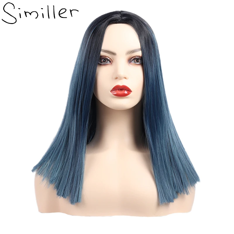 

Similler Ombre Blue Dark Root 16 Inches Synthetic Wigs For Women Straight Hair Girl Cosplay Wig Central Part