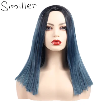 

Similler Ombre Blue Dark Root 16 Inches Synthetic Wigs For Women Straight Hair Girl Cosplay Wig Central Part