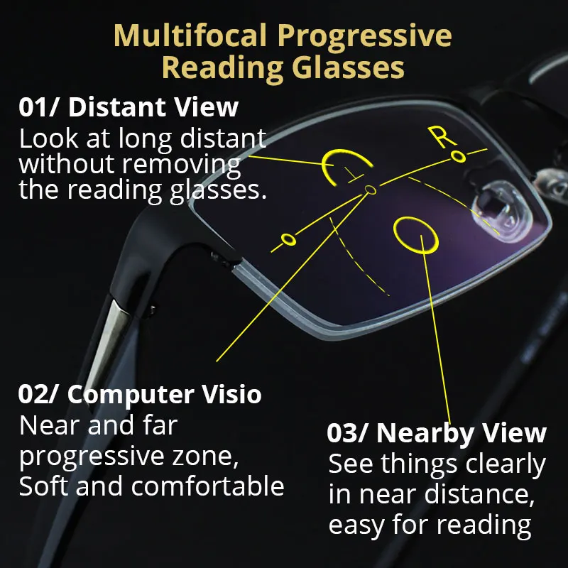 US $28.99 Progressive Multifocal Reading Glasses Frames Men Photochromic Sunglasses Chameleon Lens Metal Rectangular Eyeglasses Frame