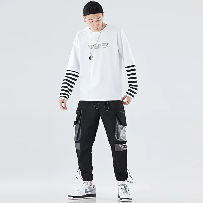 

[T-shirt + Bib Overall] INS Origional Design Set Men's Stripes Long Sleeve Hoodie with Sleeves T-shirt National Trends Bib Overa