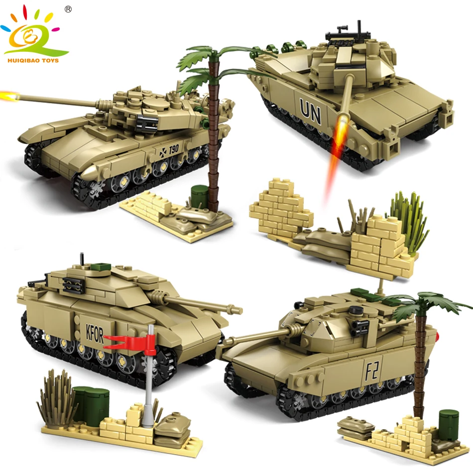 

HUIQIBAO TOYS 4 Models Army World War 2 Tank Building Blocks For Children Legoingly Military Soldier Figures DIY Bricks Boy Gift