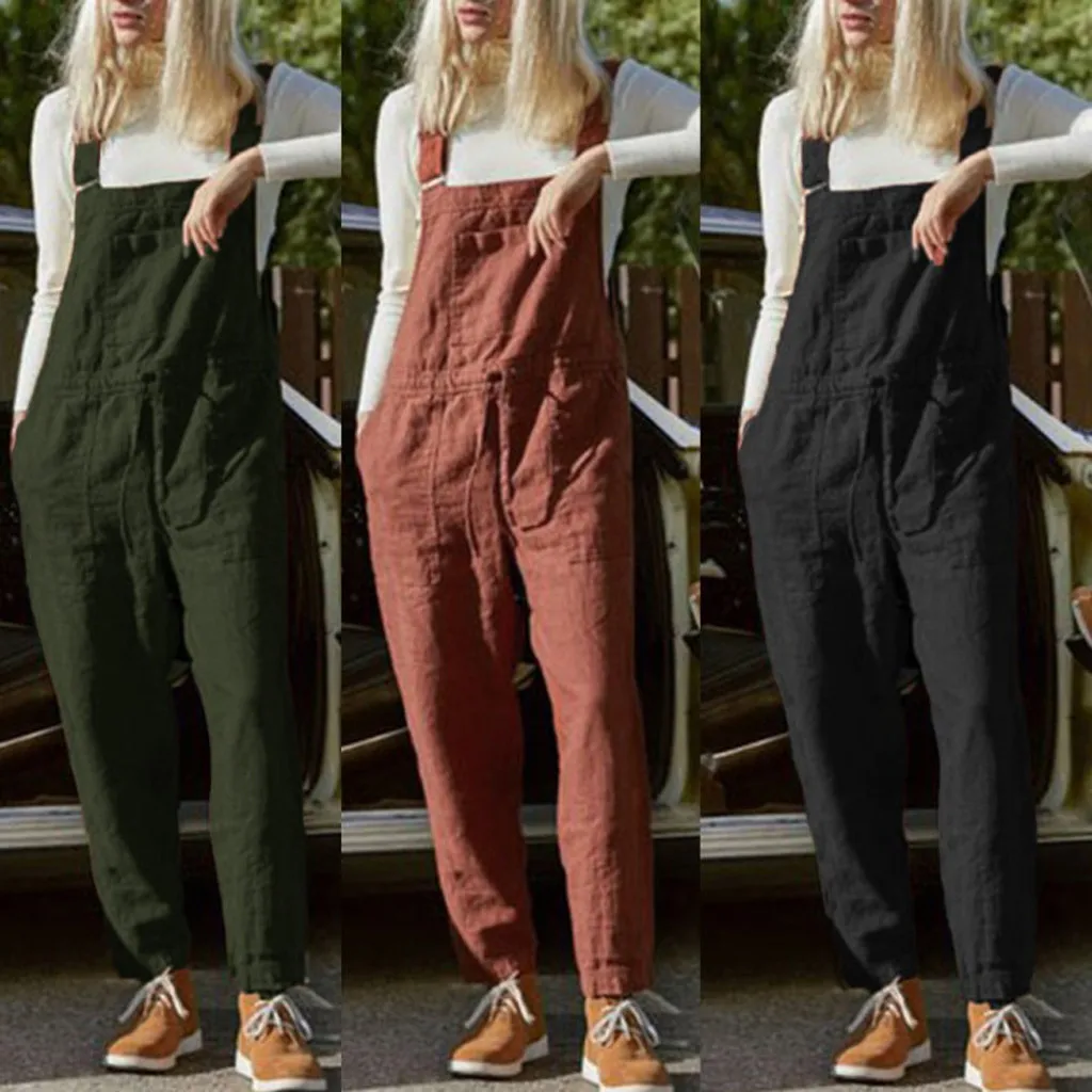 Camiseta de mujer, peto, mono holgado de talla grande para mujer, peto con bolsillos de mono, pantalones sin mangas de talla grande S-3XL 2020