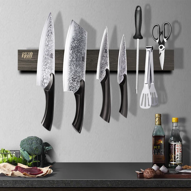 Soporte magnético de madera para cuchillos, montaje en pared, autoadhesivo,  estante para cuchillos de cocina, imán