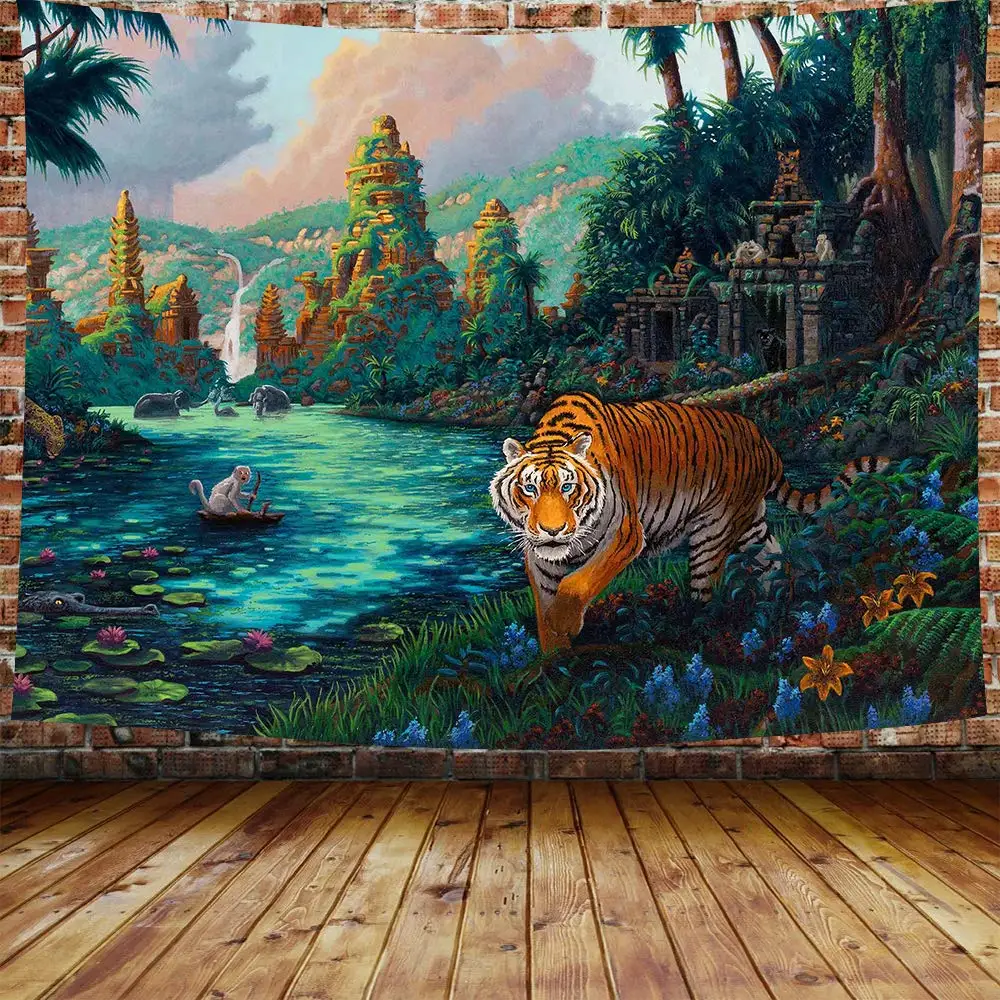 

Forest Theme Tiger Tapestry Original Oil Painting Ancient Ruins Wall Hanging