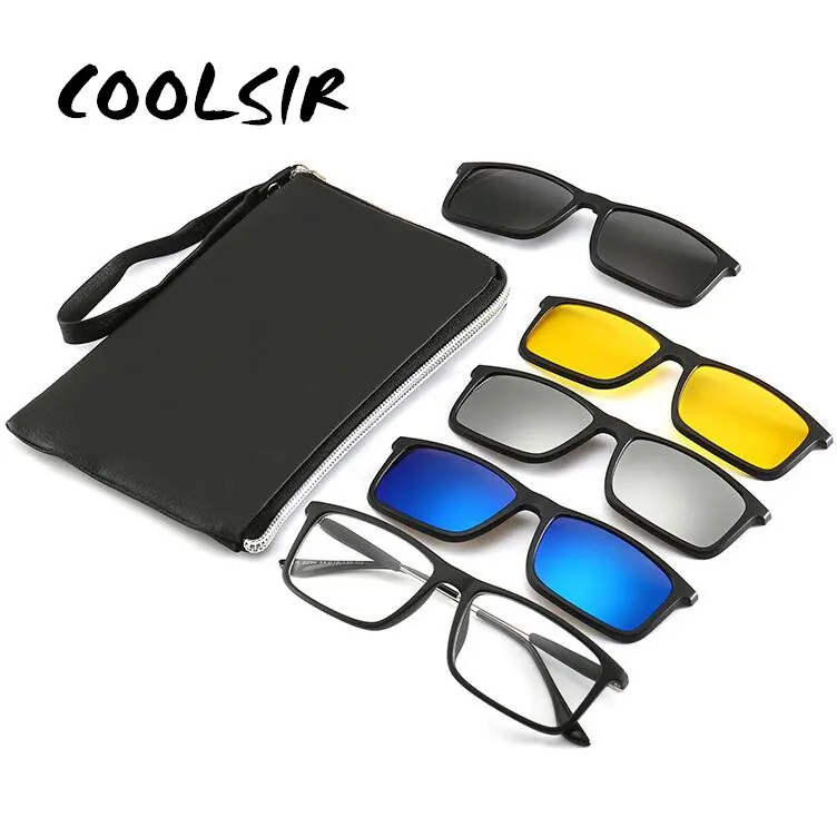 

COOLSIR 4Pcs Unbreakable Clip-on Sunglasses Polarized Magnetic lens Alloy Plastic TR90 Flexible Frame for Night Driving