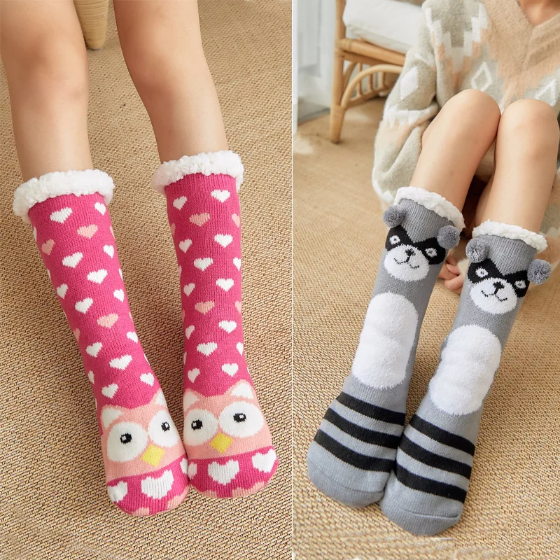 

New Women Cozy Solid Socks Raccoon, Owl, Penguin, Sheep Cartoon Funny Socks Winter Warm Sleep Fleece-lined Socks Christmas gift