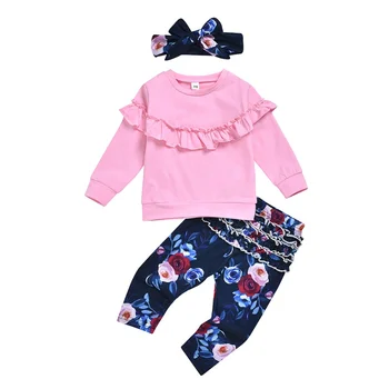 

HIgh Quality Autumn Baby Girls Outfit Set Long Sleeve Blouse T-shirt Tops+Flower Print Pants+Headband Casual Costume Set B