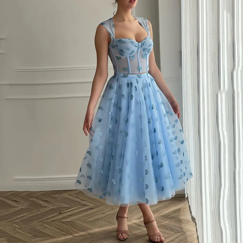 Light Blue Short 2 Pieces Prom Dresses 2021 Open Back Homecoming Dress Plus Size Formal Evening Party Gowns Tea Length red prom dress Prom Dresses
