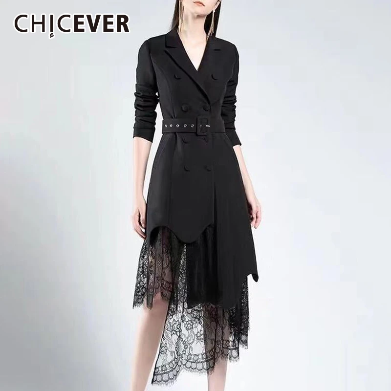 CHICEVER/лоскутное кружевное асимметричное женское платье с v-образным вырезом и