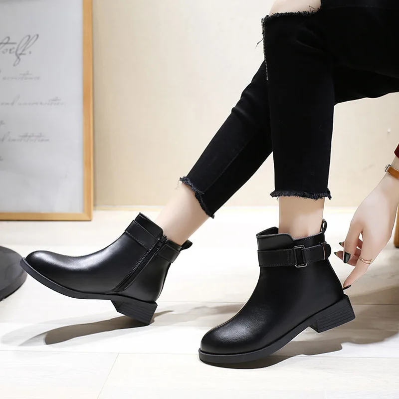Spring Martin Boots Female Autumn New Round Head Thick Heel Side Zipper Leather Ankle Booties Women Casual PU Black Shoes