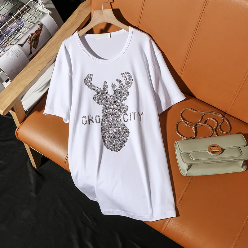 

Летняя новая модная тенденция в европейском стиле, свободная футболка с короткими рукавами для женщин, повседневная, олень, + буквенный узор, женские топы с горячими бриллиантами