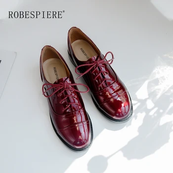 

ROBESPIERE Winter New Lace-Up Casual Flats High Quality Genuine Leather Round Toe Shoes Woman Fashion Black Red Party Flats A11