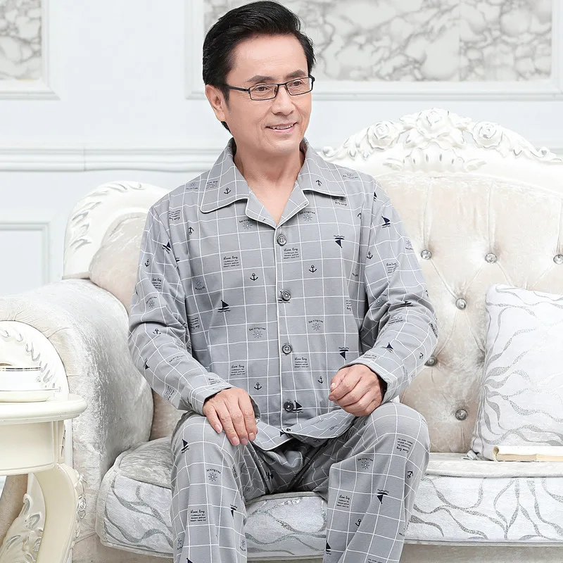 

New Pajamas Men's Long-sleeved Cotton Spring and Autumn Men's Cotton-style Thin Middle-aged Dormir Tops Summer Home Service Suit