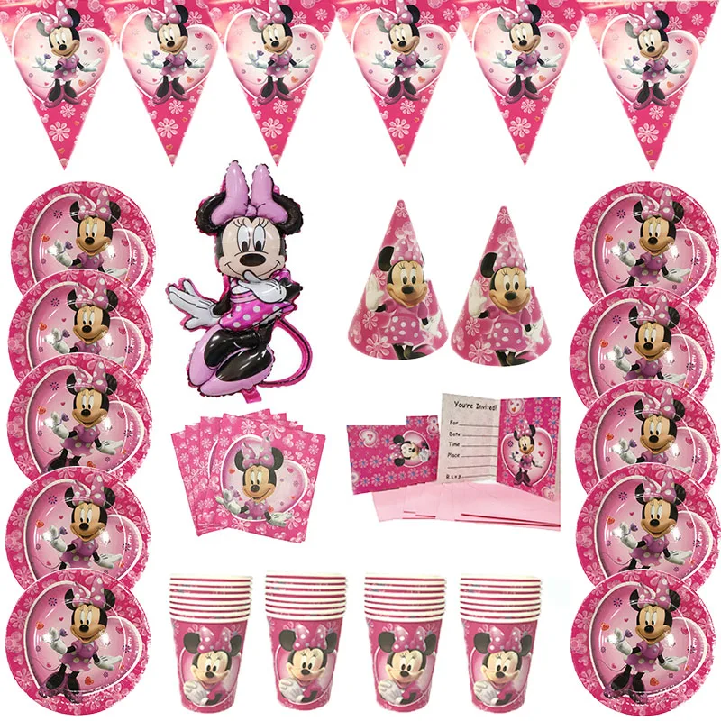 Disney-temática de Minnie Mouse rosa para decoración para fiesta de feliz cumpleaños, suministros de platos y vasos de papel, vajilla desechable de paja
