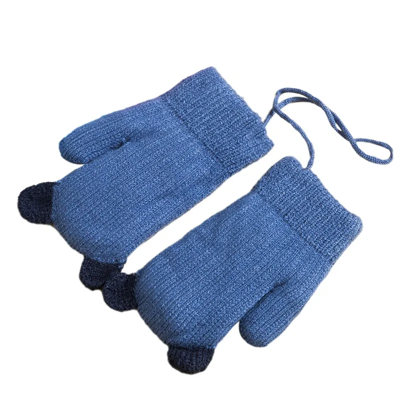 Детские теплые вязаные флисовые милые перчатки для девочек на осень и зиму, 4 цвета - Цвет: Синий