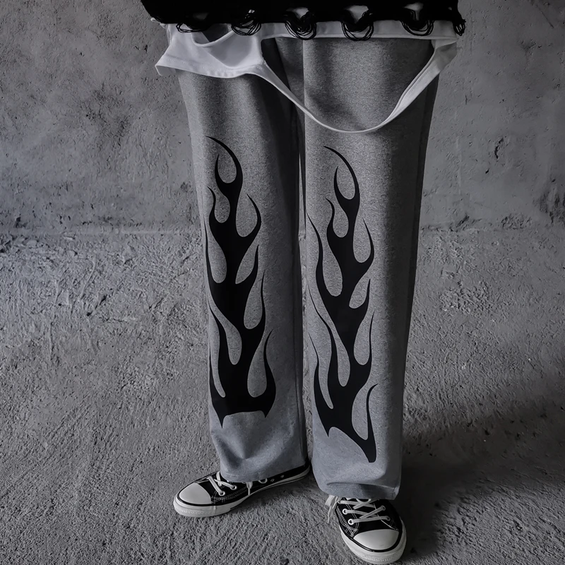 Neploe брюки в стиле Харадзюку для женщин и мужчин уличные брюки с принтом пламени прямые брюки свободные повседневные брюки унисекс BF Стиль низ 55308