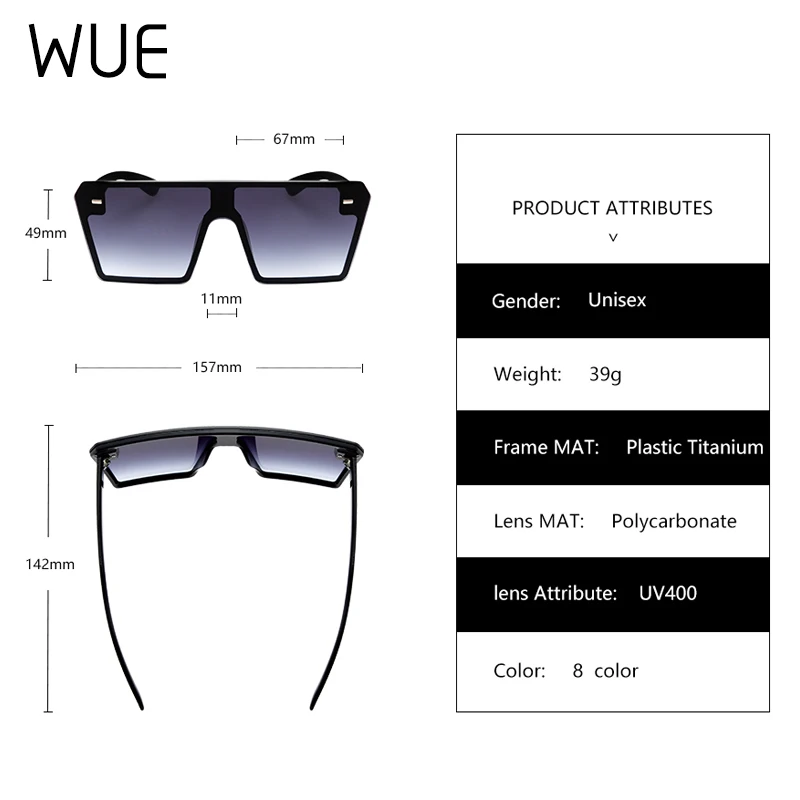WUE, плоский верх, большие квадратные солнцезащитные очки, женские модные ретро градиентные солнцезащитные очки, мужские синие винтажные очки с большой оправой, UV400