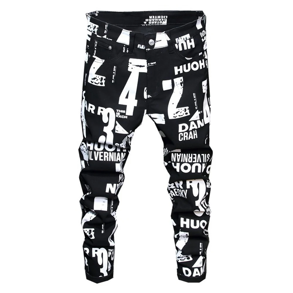 Men s White Letters Numbers Print Black Jeans Trendy Sim Fit Stretch