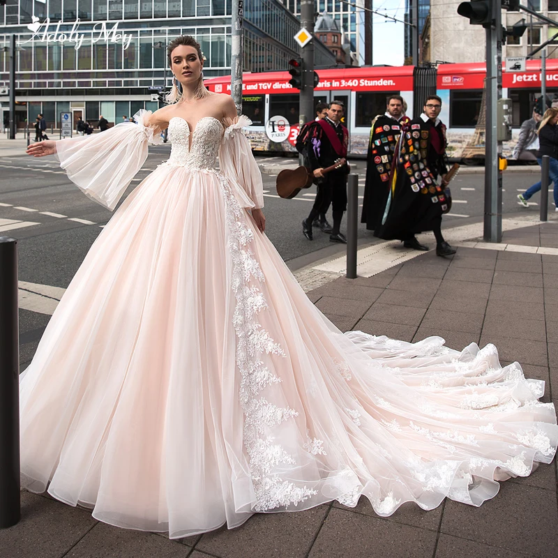 

Adoly Mey Elegant Strapless Zipper Up Long Sleeve Ball Gown Wedding Dress 2020 Gorgeous Appliques Court Train Vintage Bride Gown