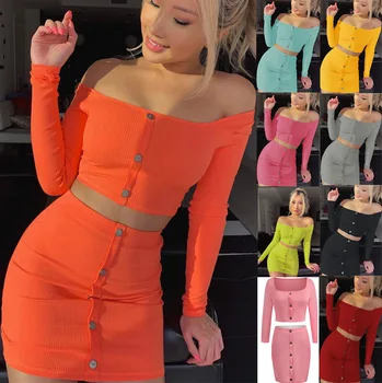 

Autumn Women's knitting Two Piece Set Of Button Long Sleeve Off Shoulder Crop Tops + Ladies Slim Mini Hip skirt 2 Piece Set