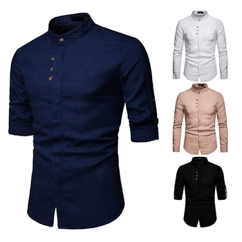 

Spring Mens Linen Cotton Stand Collar Button Long Sleeves Tops Shirt Male Casual Shirts B1