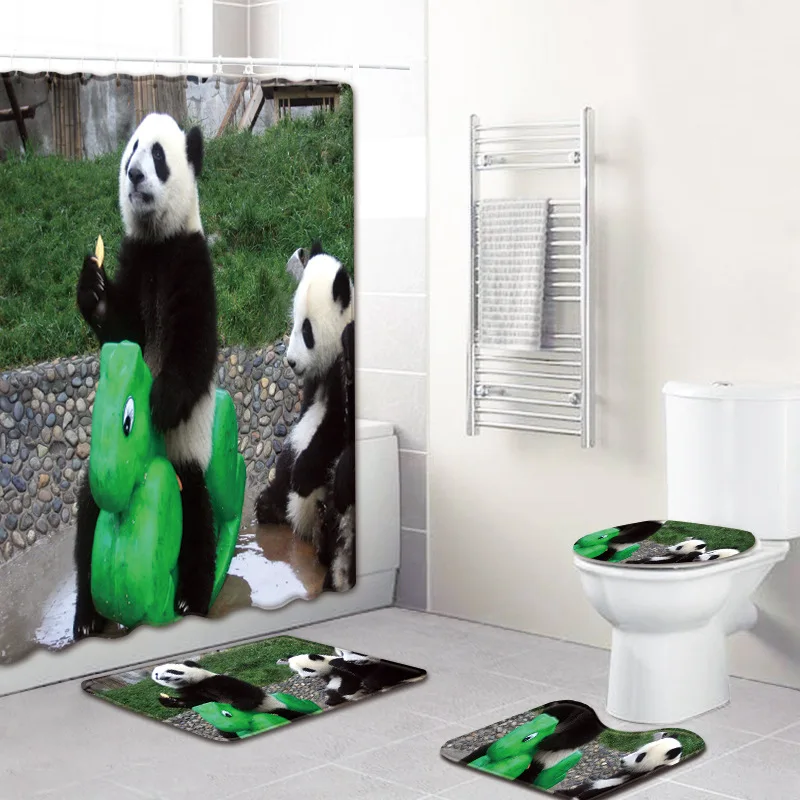 Занавеска для душа с принтом панды, 4 шт., покрытие для ковра, покрытие для унитаза, набор ковриков для ванной, занавеска для ванной комнаты с 12 крючками