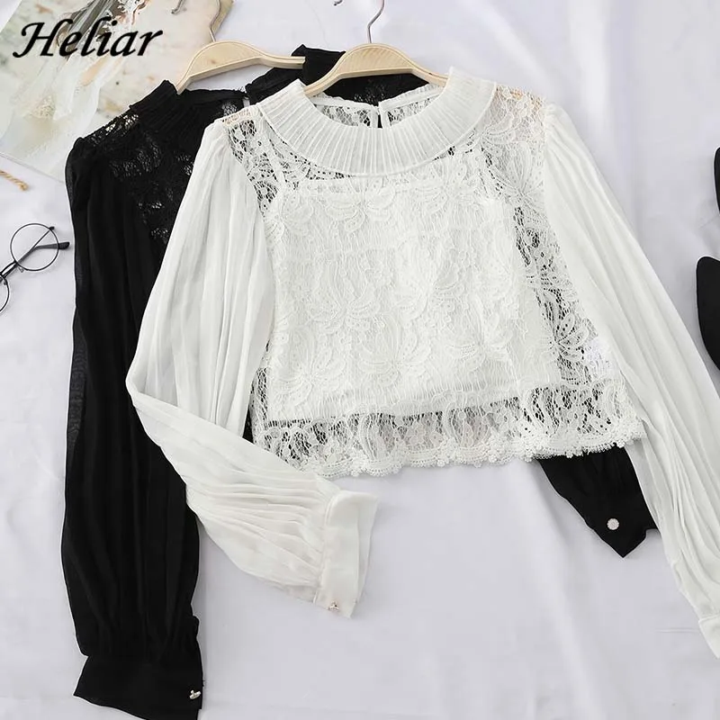 

HELIAR 2019 Autumn Lace Blouse and Tank Tops Insert Scalloped Blouse Women Blouse Fashion Full Sleeve Female Two pc Suits