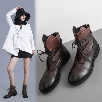 

Genuine Leather low Heels Women Ankle Boots Autumn Winter Warm Night Club Shoes Woman Cross Tied Motocycle Boots