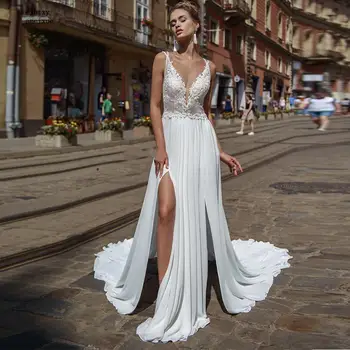 

Cheap Sleeveless Chiffon V-neck Sweep Train Long Zipper A-line Sexy Boho Simple 2020 Wedding Dress Plus Size Luxury Bridal Gown