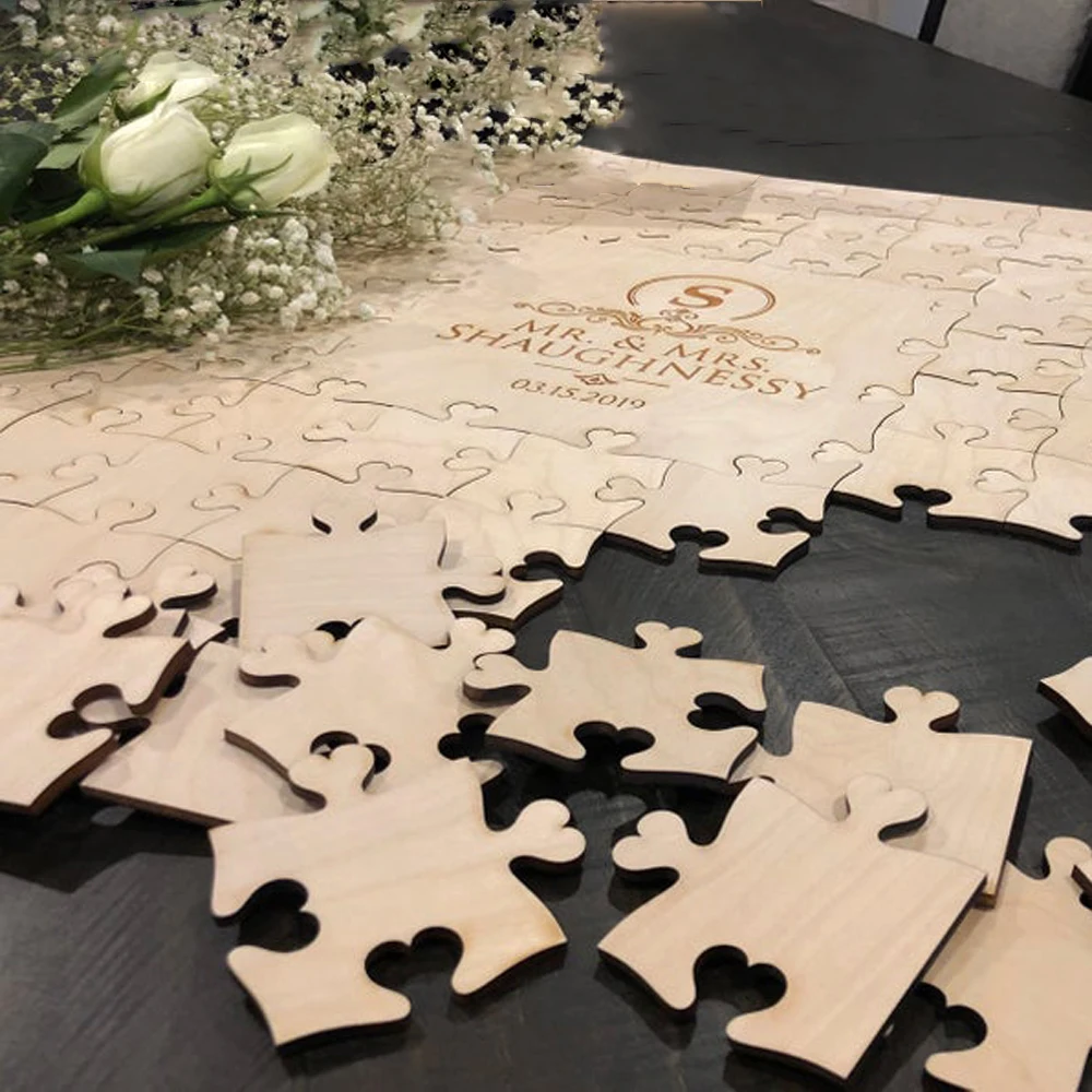 

Custom Mr&Mrs Last Name Initials Date Puzzle Wedding Guest book,Personalized Rustic Signature wedding Decor Wooden Party Supply