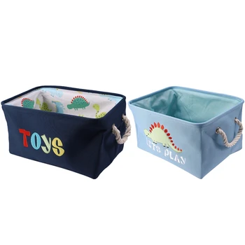 

2 Pcs Dinosaur Cartoon Canvas Storage Basket for Toys Child Folding Laundry Basket Organizer Dark Blue & Light Blue