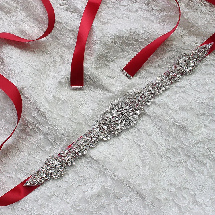 

Red Satin Crystal Bride Belt Handmade Wedding Accessories Rhinestone Wedding Dress Belt for Bridal Gowns